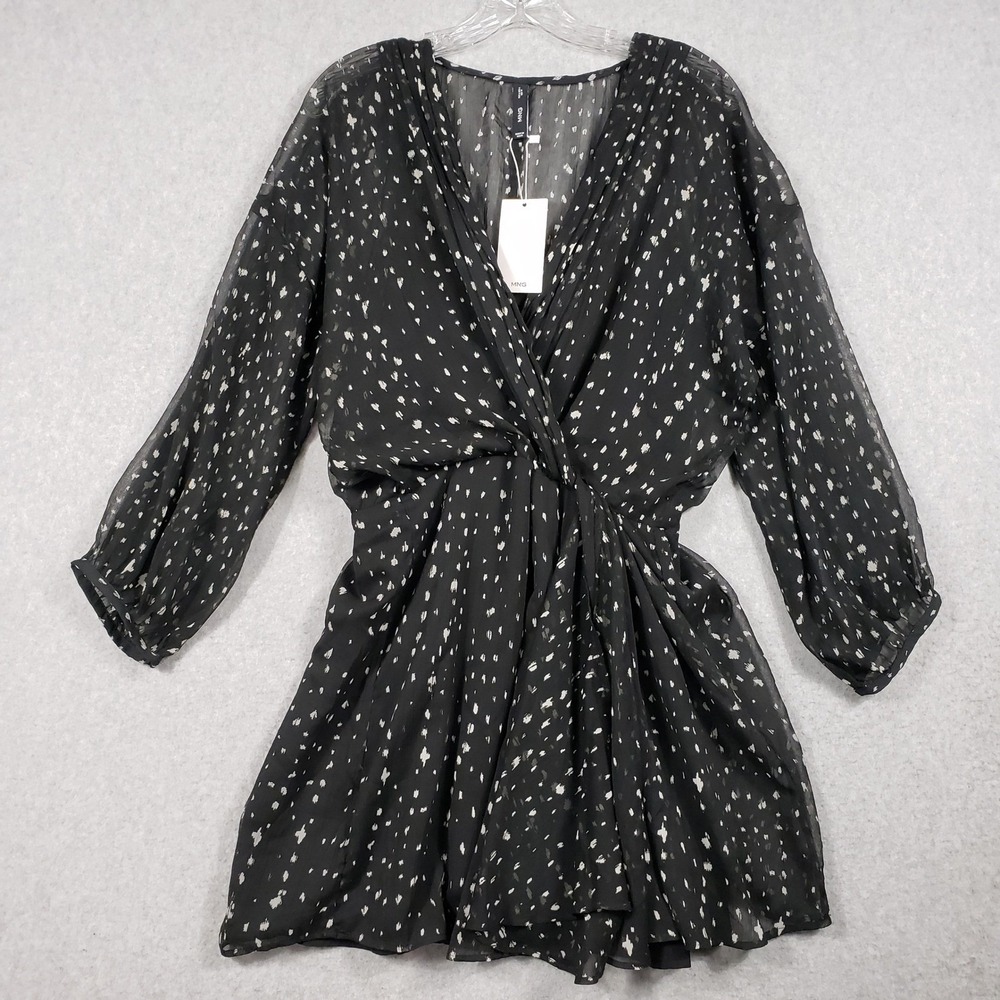 Mango 10 Black White Abstract Print Chiffon Wrap Mini Dress‎ NWT Balloon Sleeve